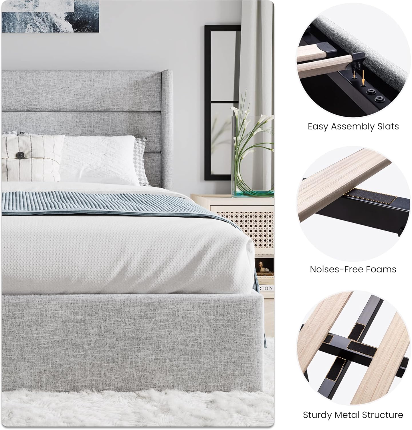 SHA CERLIN Lift Up Storage Bed/Modern Wingback Headboard