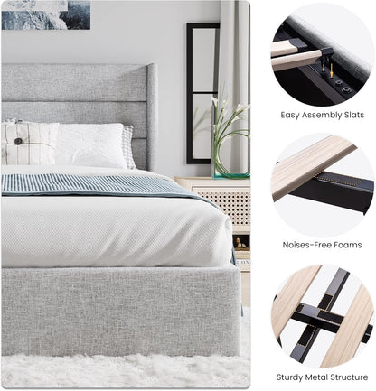 SHA CERLIN Lift Up Storage Bed/Modern Wingback Headboard