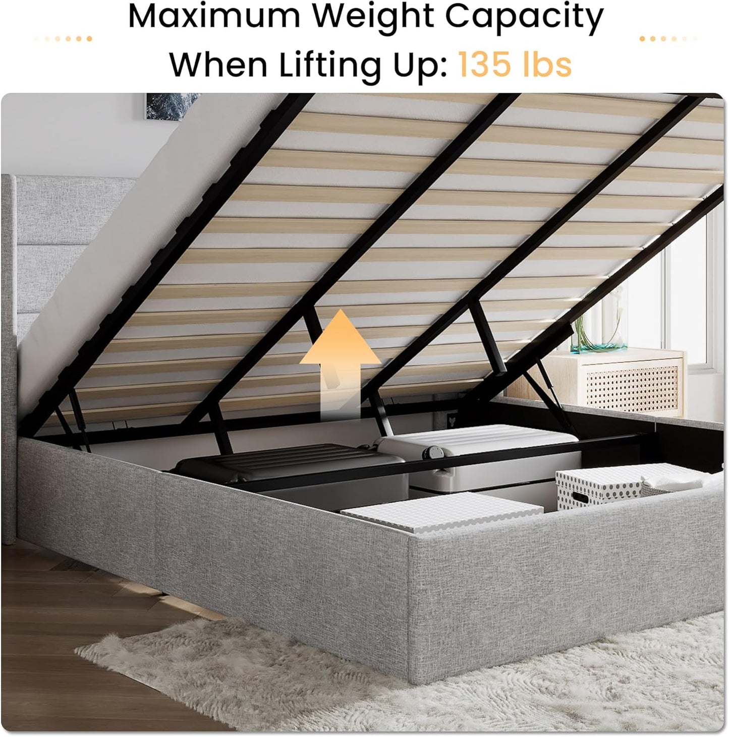 SHA CERLIN Lift Up Storage Bed/Modern Wingback Headboard